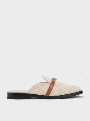 Charles & Keith Metallic Accent Linen Loafer Mules Beige | BJXF53091