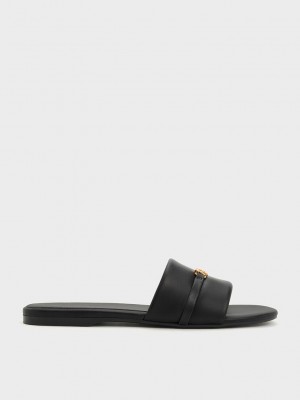 Charles & Keith Metallic Accent Round-Kappe Badelatschen Sandals Schwarz | DGPM64031