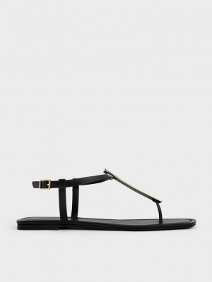 Charles & Keith Metallic Accent T-Bar Tanga Sandals Schwarz | BKHL73024