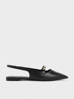 Charles & Keith Metallic Bar Accent Slingback Flats Schwarz | OEFK72516