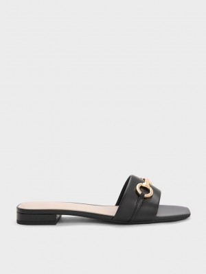 Charles & Keith Metallic Bar Badelatschen Sandals Schwarz | THKU90617