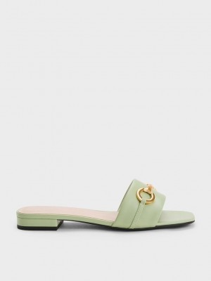 Charles & Keith Metallic Bar Badelatschen Sandals Olivgrün Grün | SDJG02736