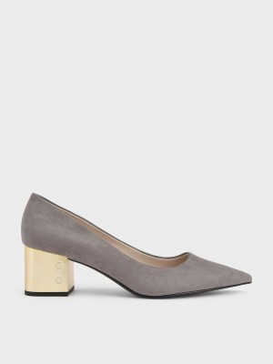 Charles & Keith Metallic Block Heel Textured Pumps Grau | JSME98357