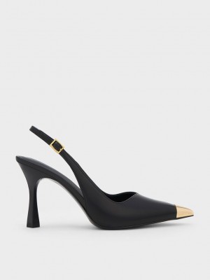 Charles & Keith Metallic Cap Pointed-Kappe Slingback Pumps Schwarz | WFUD46702