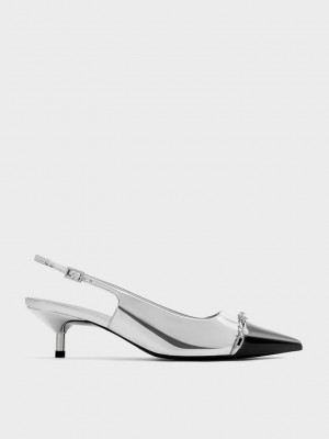 Charles & Keith Metallic Pearl Chain-Link Slingback Pumps Silber | ERWH28476