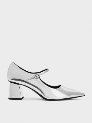 Charles & Keith Metallic Pointed-Kappe Mary Jane Pumps Silber | WMLT63749