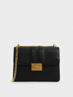 Charles & Keith Metallic Push-Lock Shoulder Bag Schwarz | KRFU31802