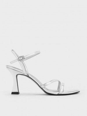Charles & Keith Metallic Riemchen Trapeze Heel Sandals Silber | ULJW51790