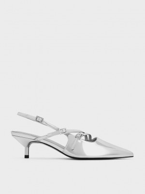 Charles & Keith Metallic Schnallen-Riemen Kitten Heel Slingback Pumps Silber | PYXO75391