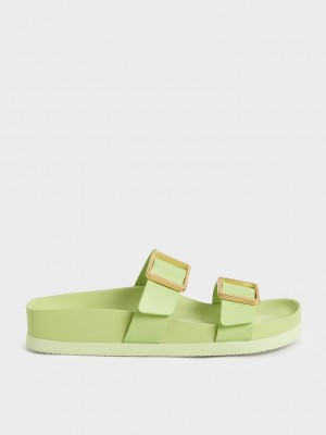 Charles & Keith Metallic Schnallen Badelatschen Sandals Hellgrün | HFZW34980
