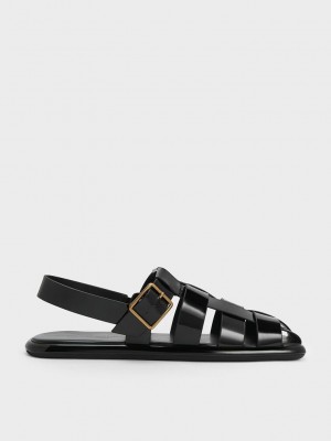 Charles & Keith Metallic Schnallen Caged Lack Slingback Sandals Schwarz | PXQV91028