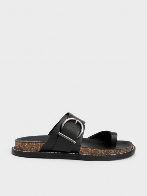 Charles & Keith Metallic Schnallen Kappe-Ring Sandals Schwarz | RLNT35962