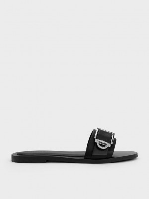 Charles & Keith Metallic Schnallen Slides Schwarz | KOPC06178