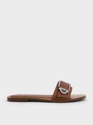 Charles & Keith Metallic Schnallen Slides Braun | GDRP29806