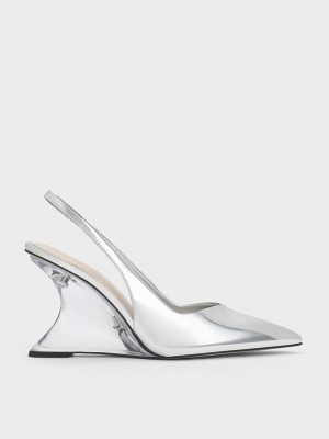 Charles & Keith Metallic Sculptural Slingback Wedges Silber | ZCYS52170