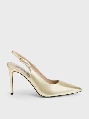 Charles & Keith Metallic Stiletto Heel Slingback Pumps Gold | GAZU71359