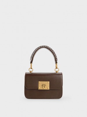 Charles & Keith Metallic Turn-Lock Bag Dunkelbraun | CWNS65817