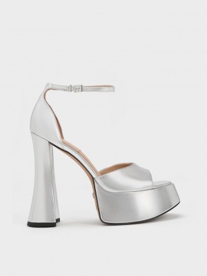 Charles & Keith Michelle Metallic Leder Plattform Sandals Silber | ZESC95027