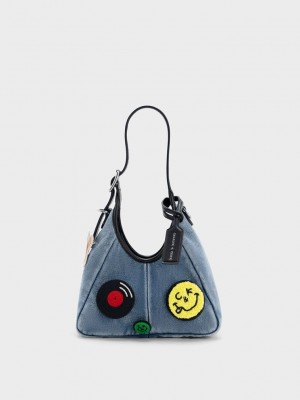 Charles & Keith Mini Buzz Denim Patch-Embellished Hobo Bag Blau | BTSM19265