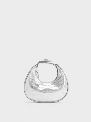 Charles & Keith Mini Croc-Effect Metallic Moon Bag Silber | EQSZ61957