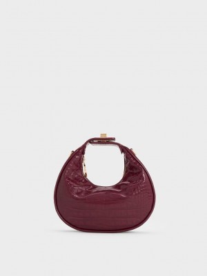 Charles & Keith Mini Croc-Effect Moon Bag Bordeaux | OKYG80256