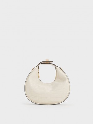 Charles & Keith Mini Croc-Effect Moon Bag Weiß | HITU94803
