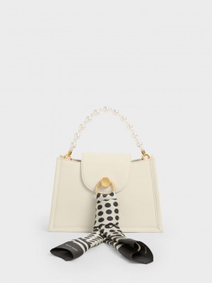 Charles & Keith Mini Roza Beaded Handle Scarf Bag Weiß | FSQG93087