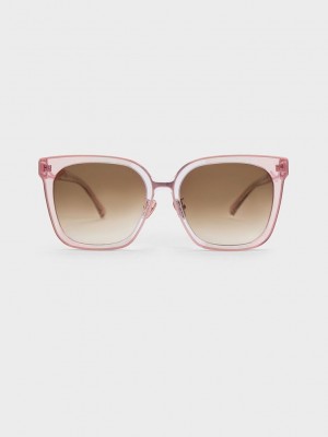 Charles & Keith Open Wire Square Acetate Sunglasses Rosa | FMHR89426