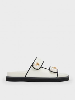Charles & Keith Pearl Embellished Contrast-Trim Slides Weiß | MLXQ34502