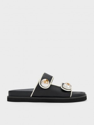 Charles & Keith Pearl Embellished Contrast-Trim Slides Schwarz | LRHM03826