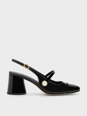Charles & Keith Pearl Embellished Lack Slingback Pumps Schwarz | HLOM05864
