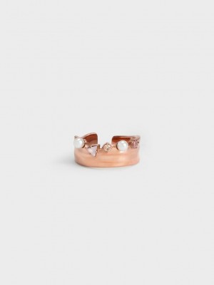 Charles & Keith Pearl & Crystal-Embellished Weite-Band Ring Rosa Gold | PQGS54916