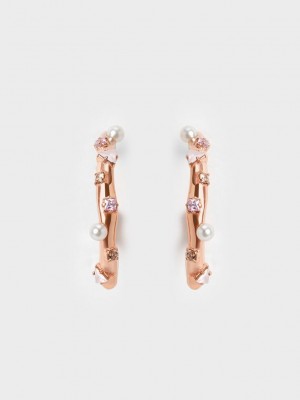 Charles & Keith Pearl & Crystal-Embellished Earring Studs Rosa Gold | MASX85726