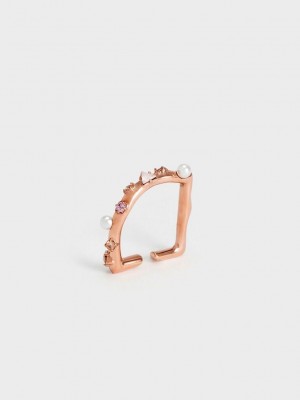 Charles & Keith Pearl & Crystal-Embellished Ring Rosa Gold | EQWM59102