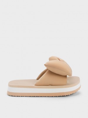 Charles & Keith Puffy Bow Slides Beige | IZOR41789