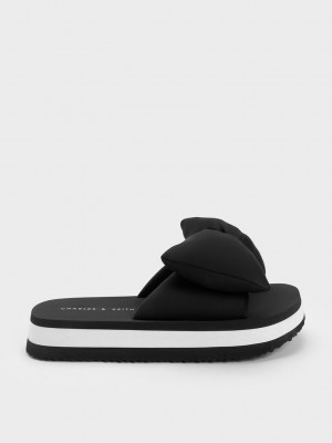 Charles & Keith Puffy Bow Slides Schwarz | ENFK83072
