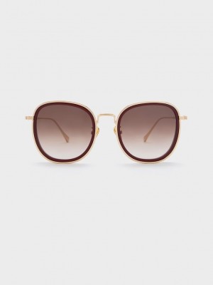 Charles & Keith Recycled Acetate Metallic-Rim Sunglasses Bordeaux | JHET10246