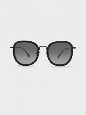 Charles & Keith Recycled Acetate Metallic-Rim Sunglasses Schwarz | FQXM42763