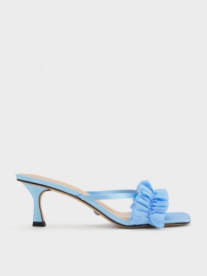 Charles & Keith Recycled Polyester Ruffled Mesh Absatz Mules Blau | BYGQ46397
