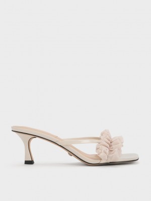 Charles & Keith Recycled Polyester Ruffled Mesh Absatz Mules Rosa | ZMPK51679