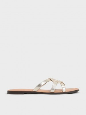Charles & Keith Ring Detail Metallic Riemchen Flats Gold | JXCY42890