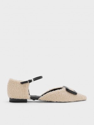 Charles & Keith Rosalie Leder Furry D'Orsay Flats Beige | CSZF48519