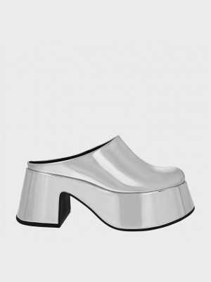 Charles & Keith Rubina Metallic Plattform Mules Silber | AMXE06471