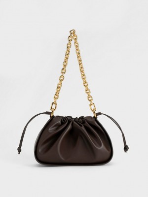 Charles & Keith Ruched Chain Handle Drawstring Bag Dunkelbraun | ACLP64309