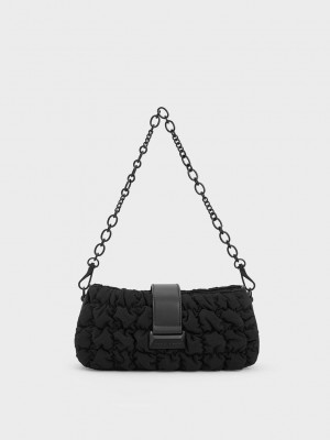 Charles & Keith Ruched Nylon Chain Handle Bag Schwarz | HUIE90453