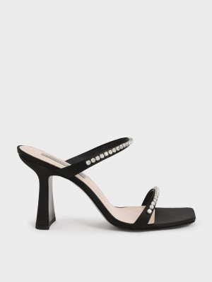 Charles & Keith Satin Gem-Encrusted Absatz Sandals Schwarz | ZAGQ41879