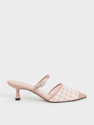 Charles & Keith Satin & Check-Print Embellished-Schnallen Mules Rosa | KVEW25817