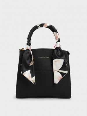 Charles & Keith Scarf-Wrapped Top Handle Bag Schwarz | JVHY76198