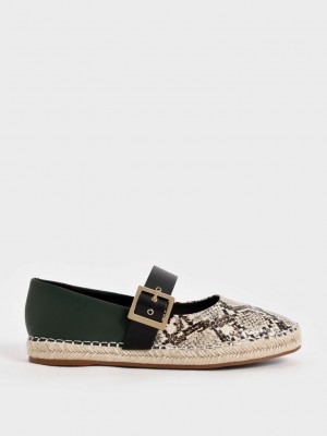 Charles & Keith Snake-Print Buckled Espadrilles Flats Beige | HNDY13095