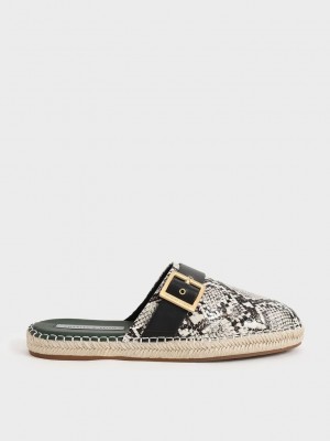 Charles & Keith Snake-Print Buckled Espadrilles Mules Beige | TODR29875